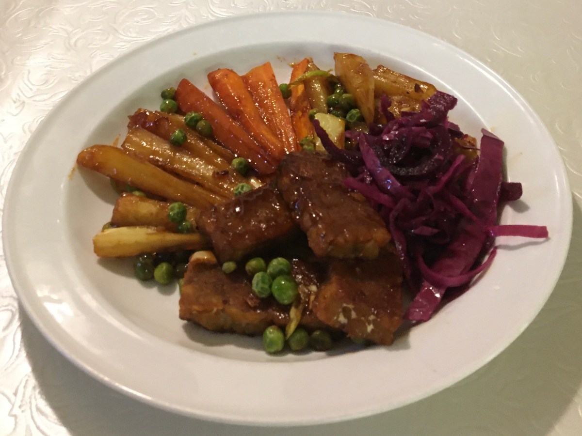 Baked Marinated Tempeh with Root Vegetables and Pickled&nbsp;Beets