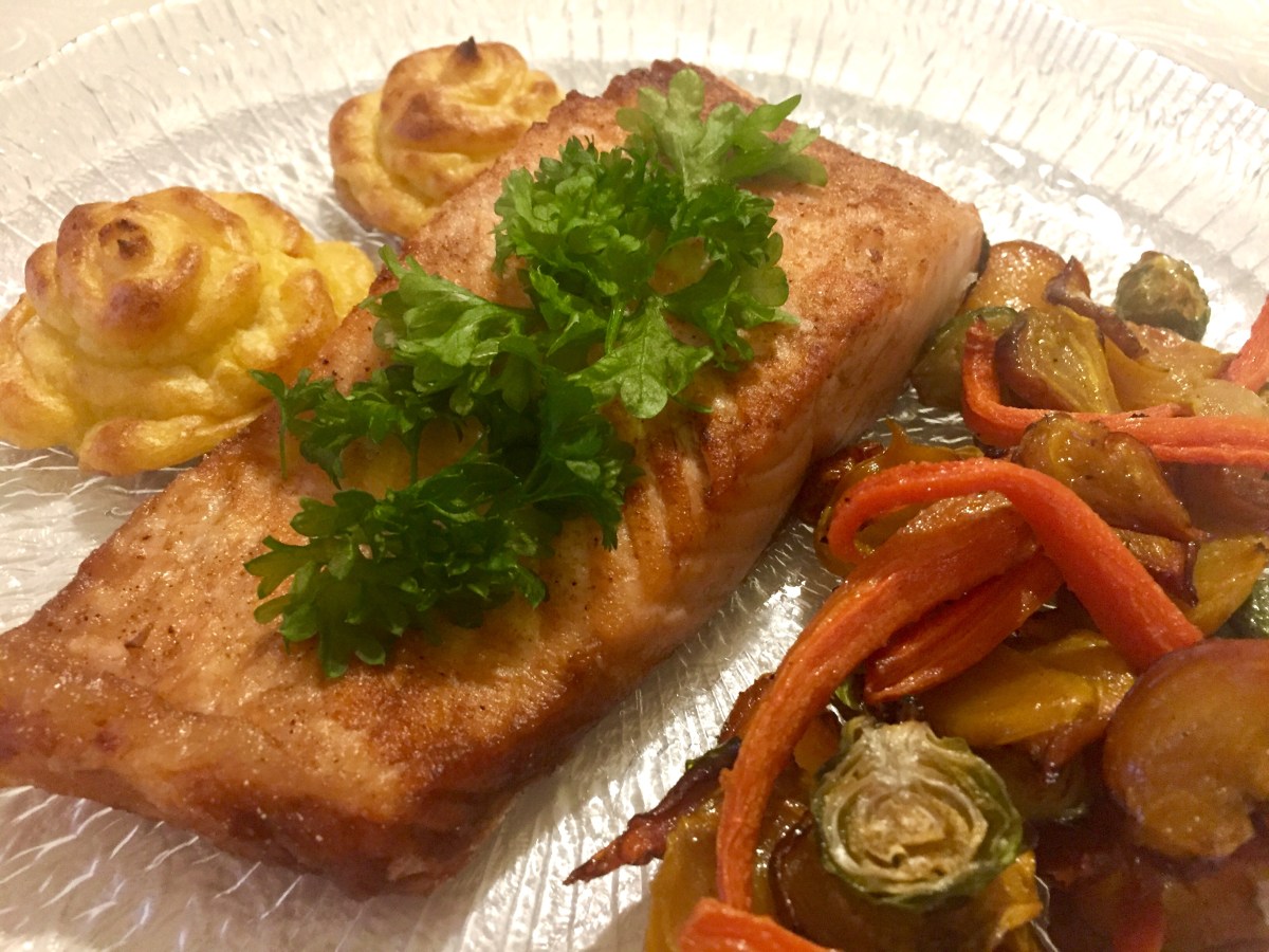 Fried Salmon with Pommes Duchesse and Roasted&nbsp;Vegetables