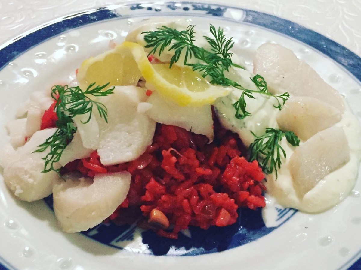 Salted Cod with Beetroot Risotto and Dill&nbsp;Sauce
