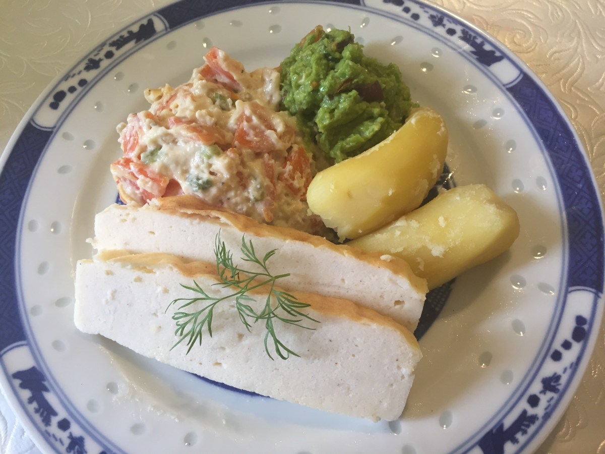 Norwegian “Fiskepudding” with Carrot Stew and “Green Pea&nbsp;Guacomole”